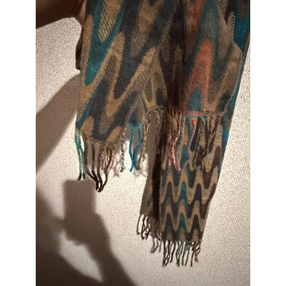 Preston & York Scarf Brown Teal Zigzag Chevron Fringe Acrylic Made in Germany